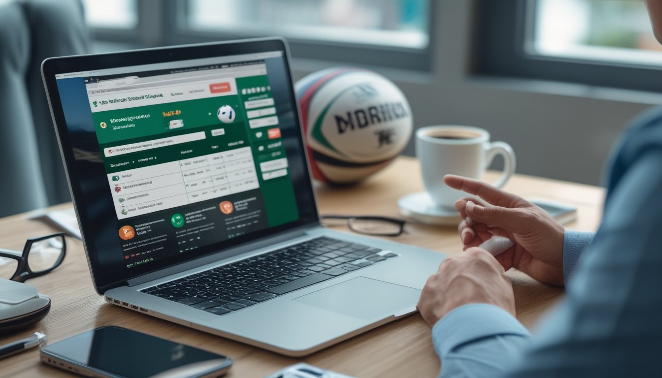 Seorang pria di meja kerja dengan laptop dan ponsel yang menampilkan situs taruhan rugby, di samping bola rugby dan cangkir kopi.