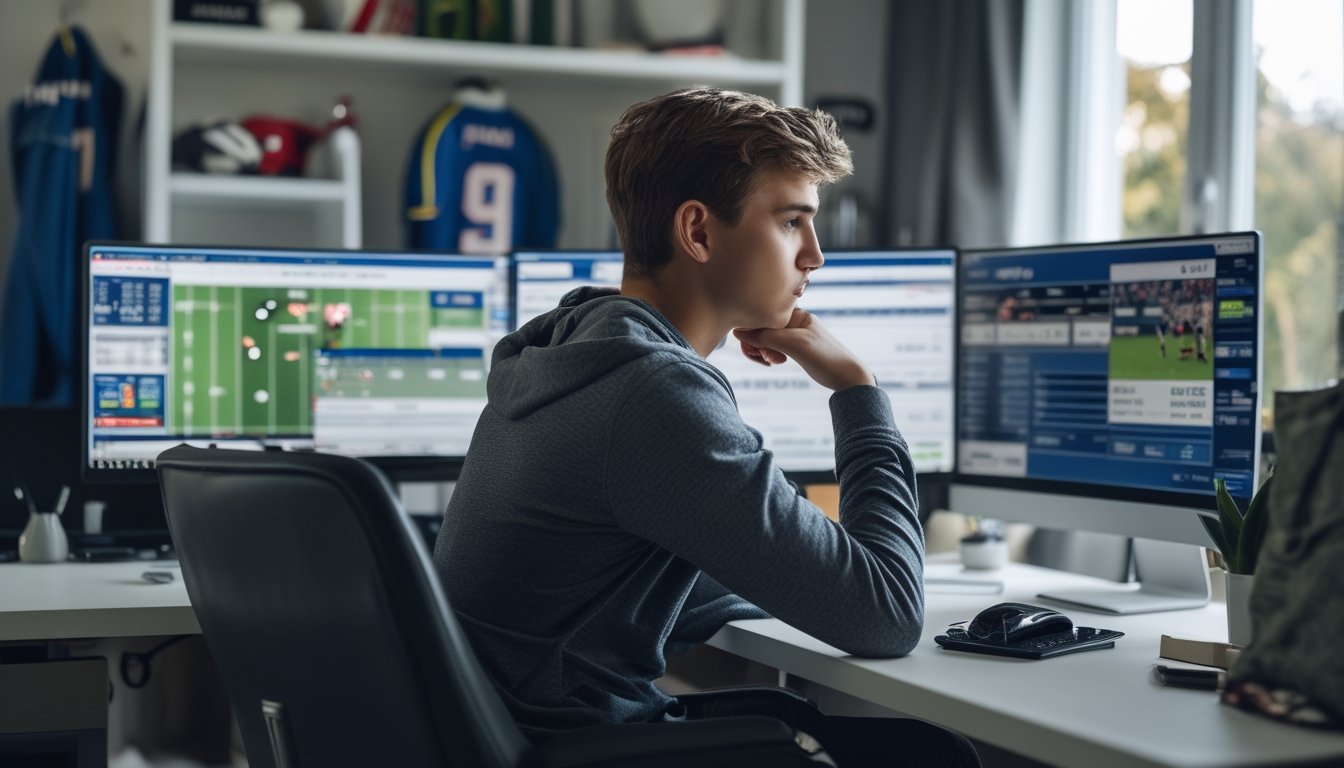 Seorang pria muda duduk di meja modern sambil melihat beberapa layar yang menampilkan statistik pertandingan rugby dan peluang taruhan.