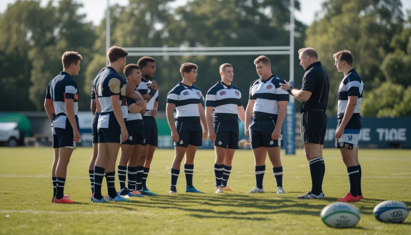 Sekelompok pemain rugby pemula terlihat bingung saat mendengarkan wasit menjelaskan aturan permainan di lapangan rumput.