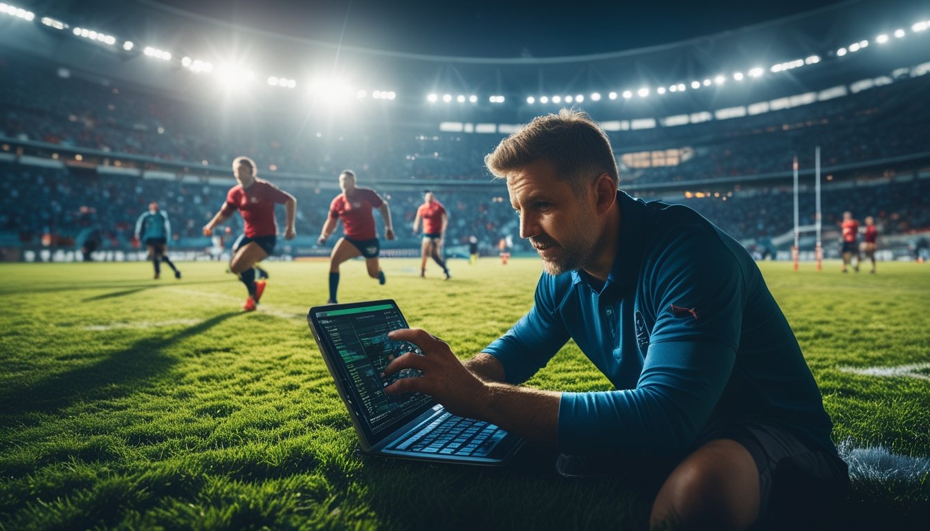 Seorang pelatih atau analis sedang mengamati data pertandingan rugby secara langsung di tablet dengan pemain rugby sedang bertanding di lapangan hijau di latar belakang.