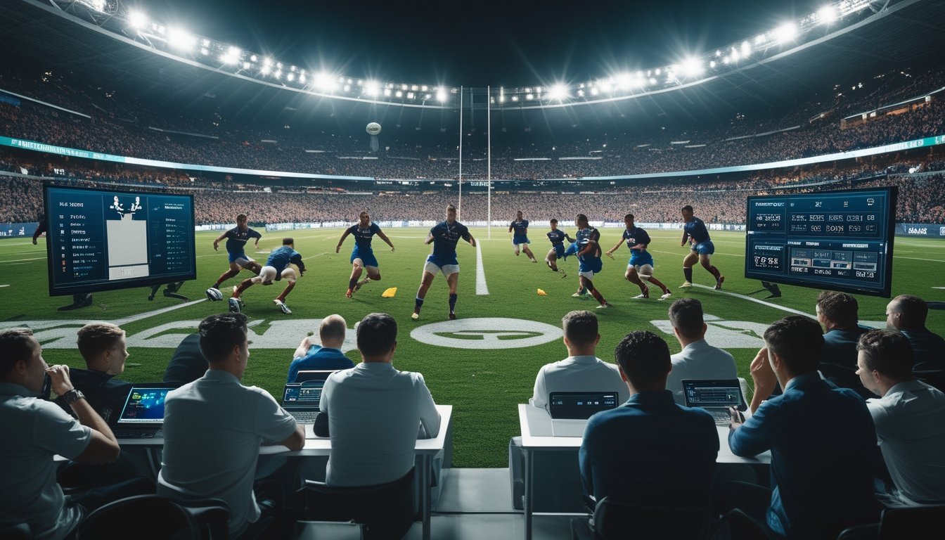 Pertandingan rugby langsung dengan pemain yang sedang bertanding dan analis olahraga yang memperhatikan layar untuk membaca momentum pertandingan.