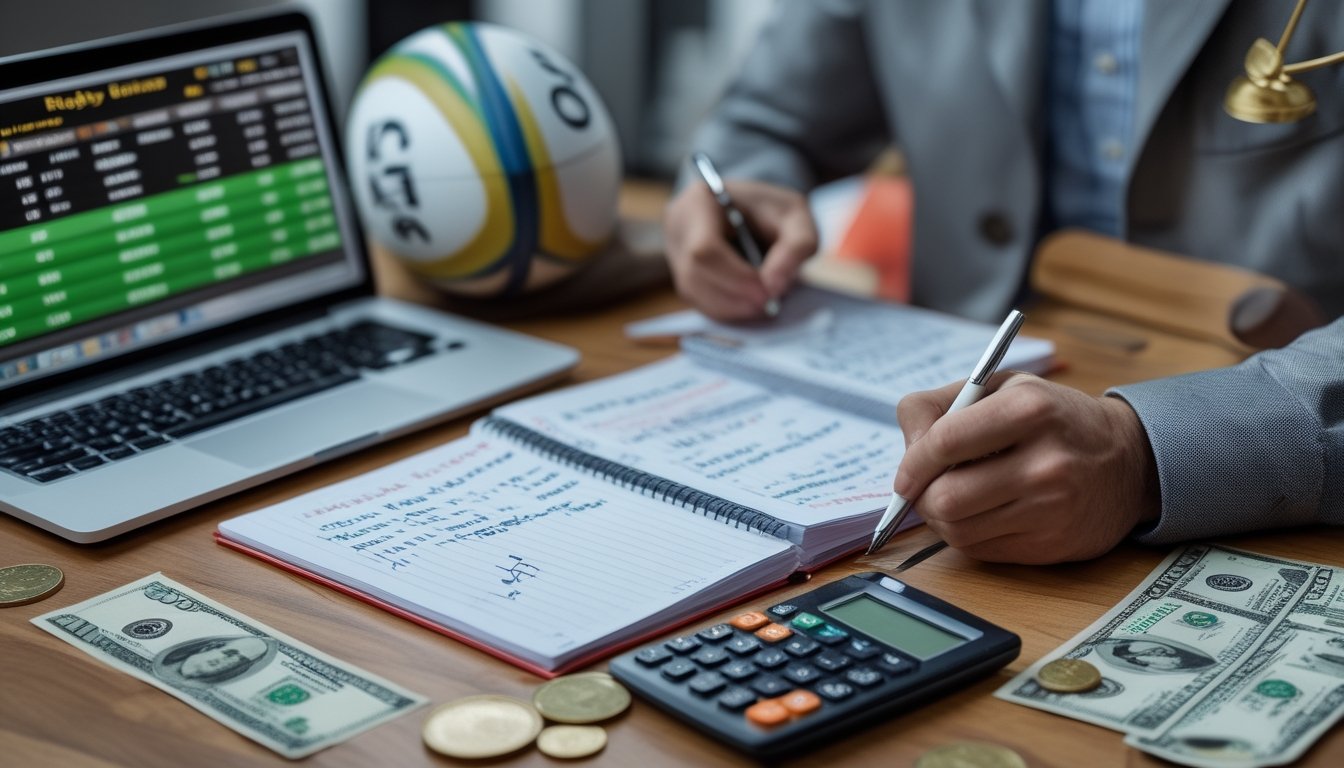 Seseorang sedang mengelola keuangan dengan laptop, buku catatan, kalkulator, dan uang di meja, dengan bola rugby dan trofi kecil di latar belakang.