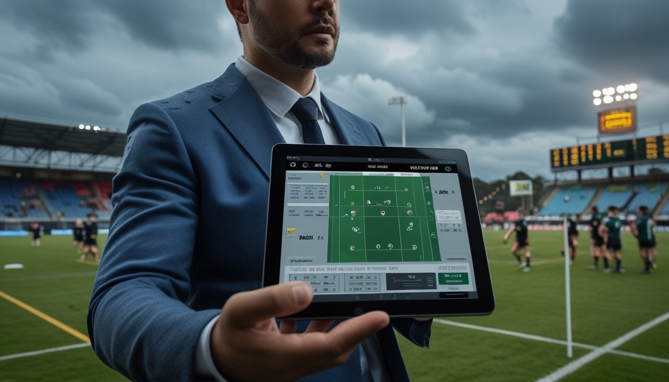 Seorang analis rugby memegang tablet dengan data cuaca dan lapangan di stadion rugby yang mendung.