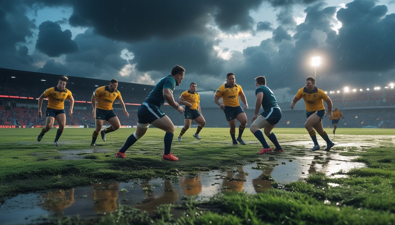 Pertandingan rugby di lapangan basah dan berlumpur dengan pemain yang sedang beraksi di bawah langit mendung.