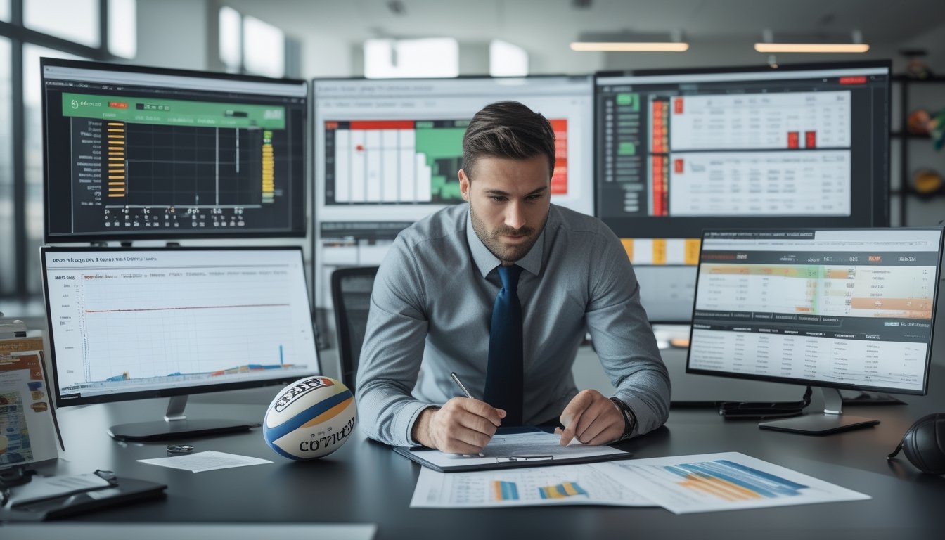 Seorang analis olahraga sedang meninjau data performa tim rugby dan perbandingan head-to-head di ruang kerja dengan monitor dan perlengkapan rugby di sekitar meja.