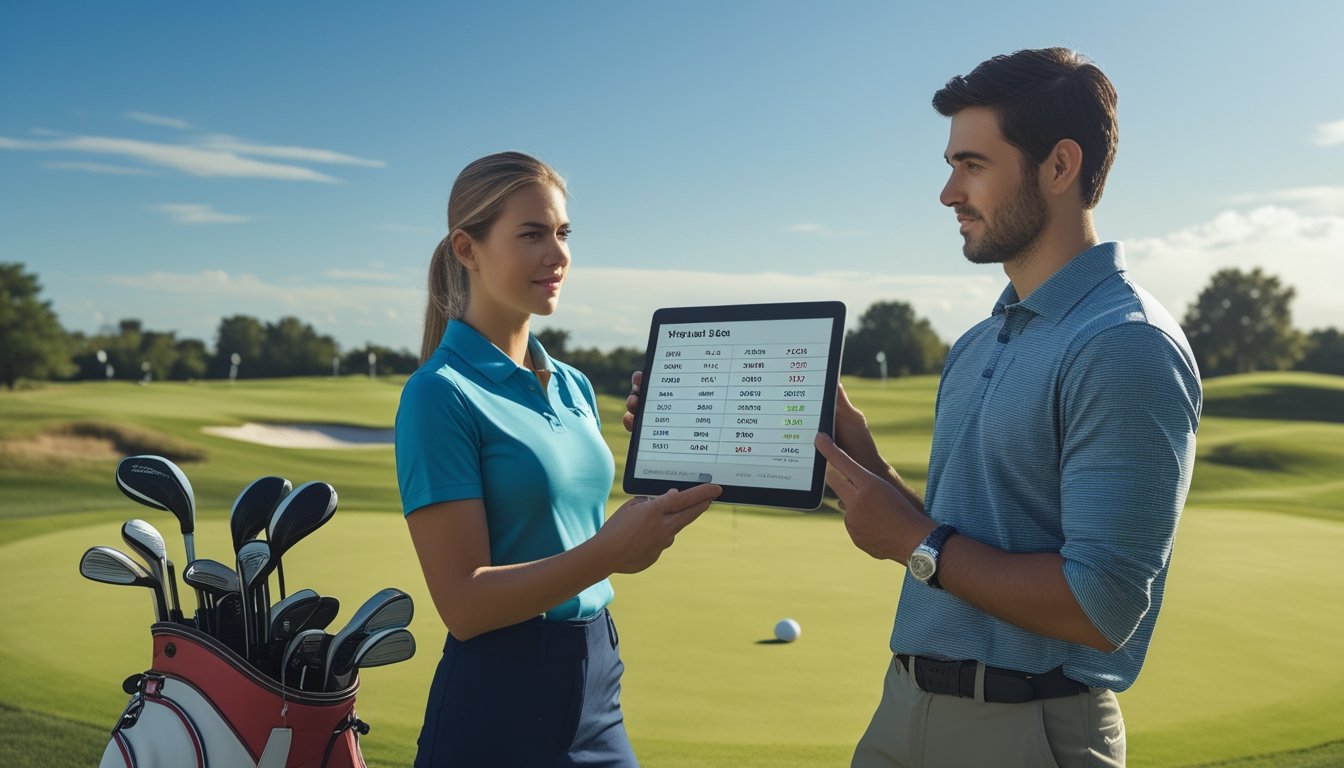 Dua orang pemula golf sedang berdiri di lapangan golf, melihat layar tablet yang menampilkan informasi taruhan golf.