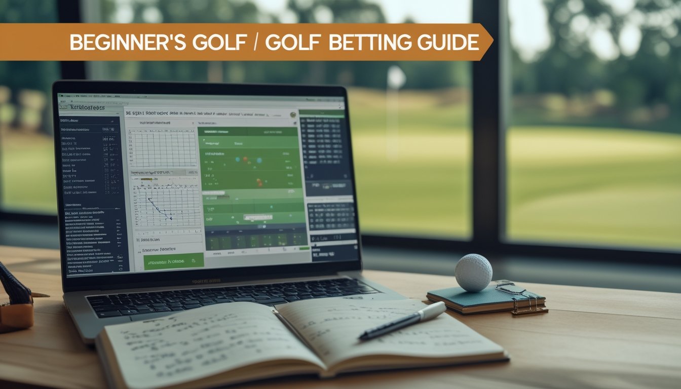 Meja kayu dengan laptop yang menampilkan grafik taruhan golf, buku catatan terbuka, bola golf, dan latar belakang lapangan golf yang samar.