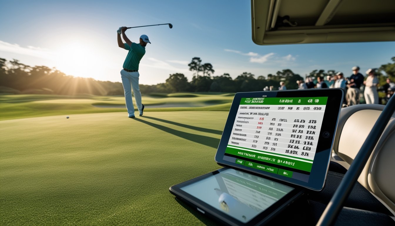 Seorang pegolf sedang mengayunkan tongkat golf di lapangan golf yang hijau dengan penonton di kejauhan dan sebuah perangkat digital menampilkan statistik taruhan di kursi kereta golf.