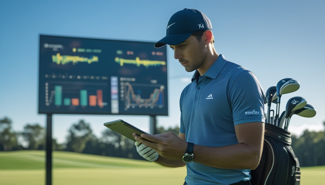Seorang pegolf sedang menganalisis statistik performa golf menggunakan tablet di lapangan golf dengan latar belakang papan skor dan peralatan golf.