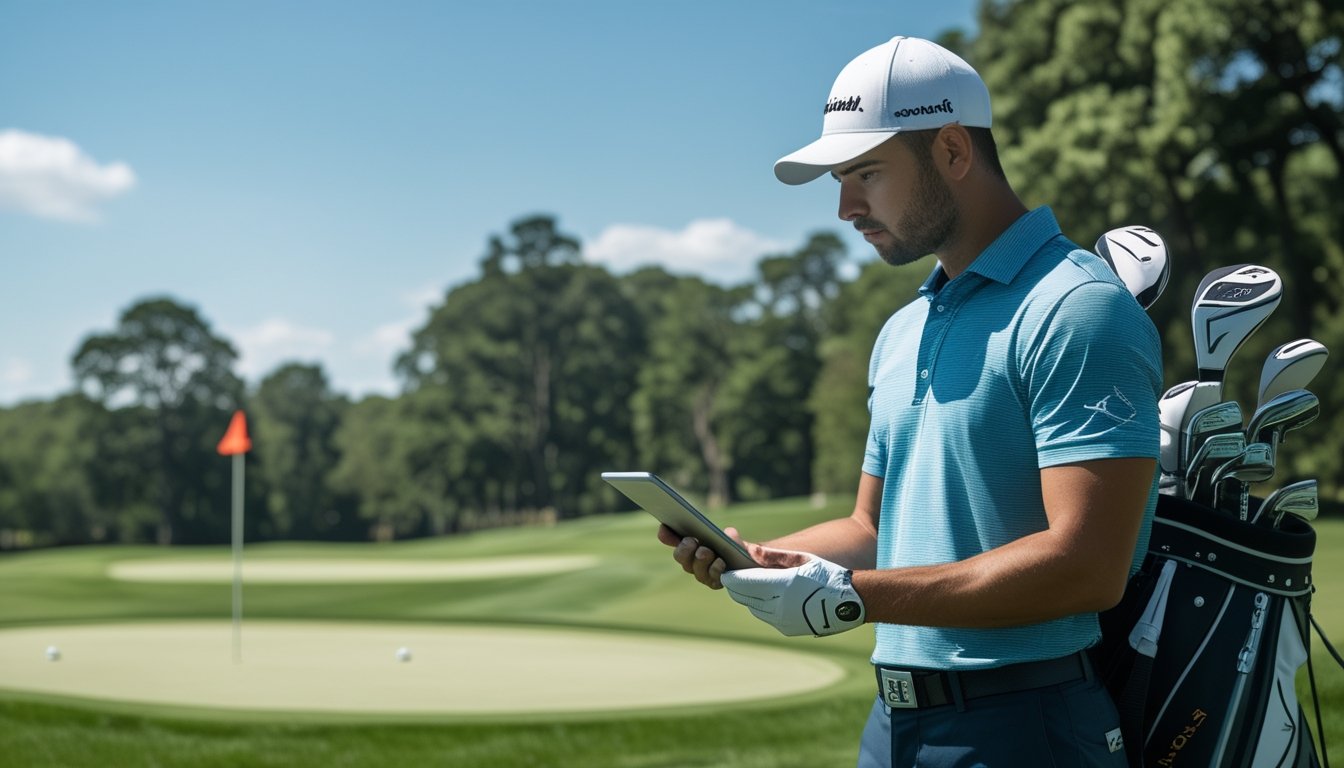 Seorang pegolf pria sedang melihat tablet di lapangan golf hijau dengan peralatan golf di dekatnya.