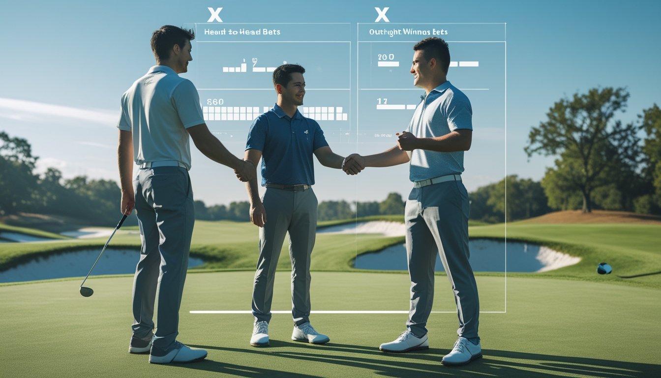 Dua pemain golf berjabat tangan di lapangan golf hijau dengan grafik taruhan di latar depan.