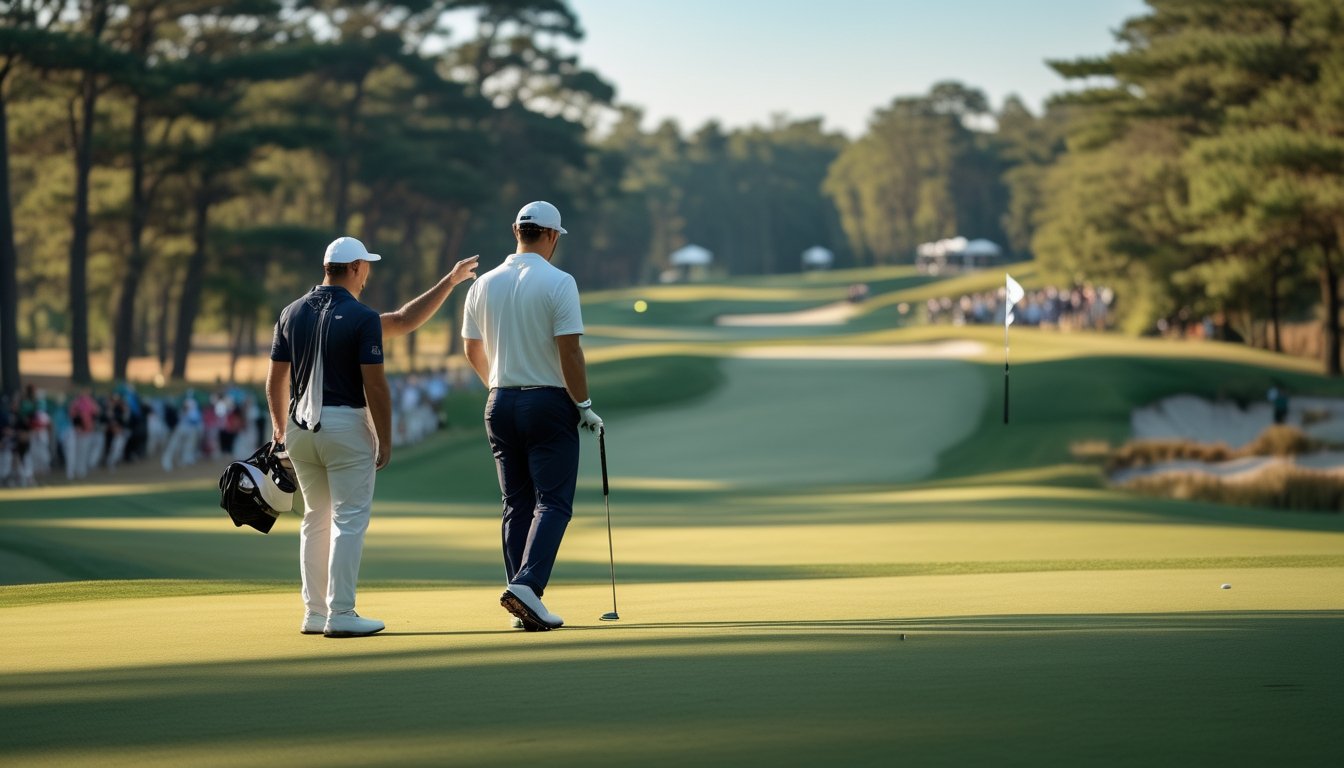 Seorang pegolf sedang menganalisis lapangan golf yang hijau dengan bendera lubang terlihat jelas, di latar belakang terdapat pepohonan dan langit cerah.