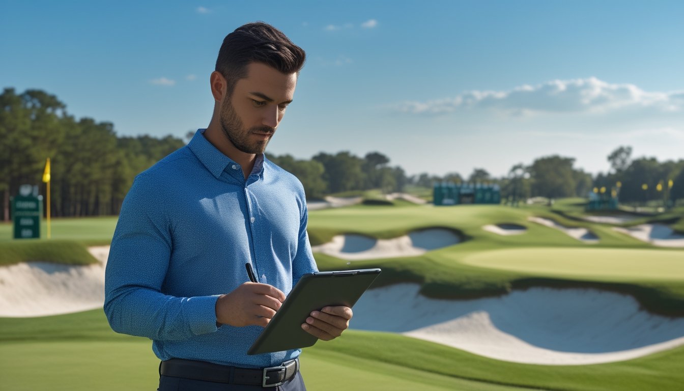 Seorang analis lapangan golf sedang mengamati kondisi lapangan hijau dengan tablet di tangan sebelum turnamen besar.