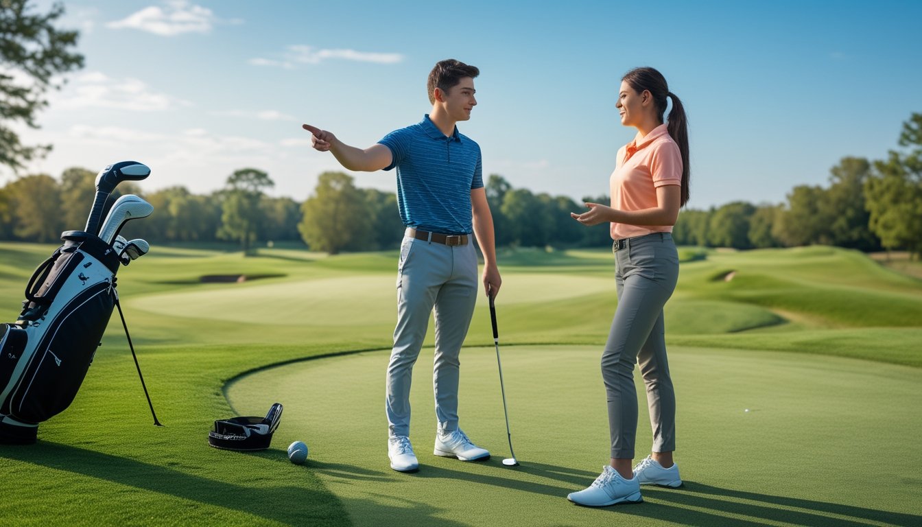 Dua orang pemula golf berdiri di lapangan golf sambil berdiskusi dan belajar tentang taruhan golf.