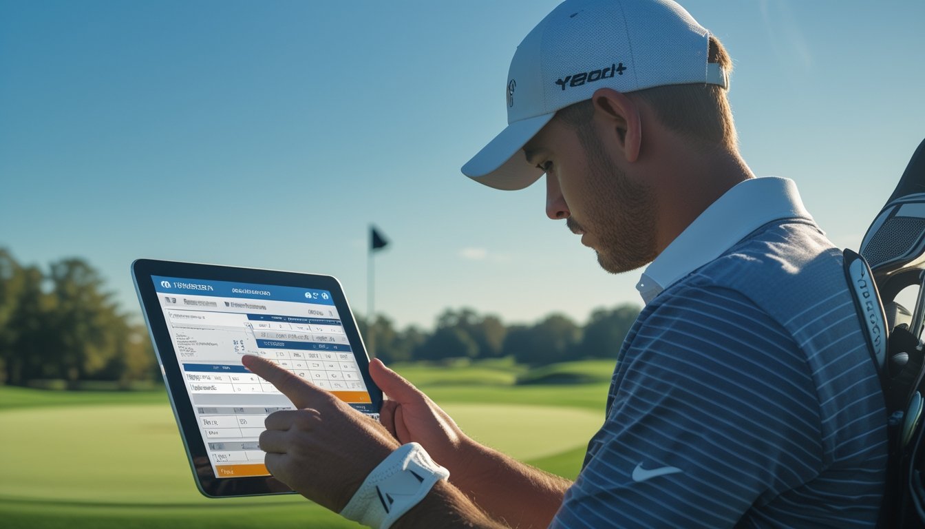 Seorang pegolf sedang melihat tablet dengan latar lapangan golf hijau dan langit cerah.