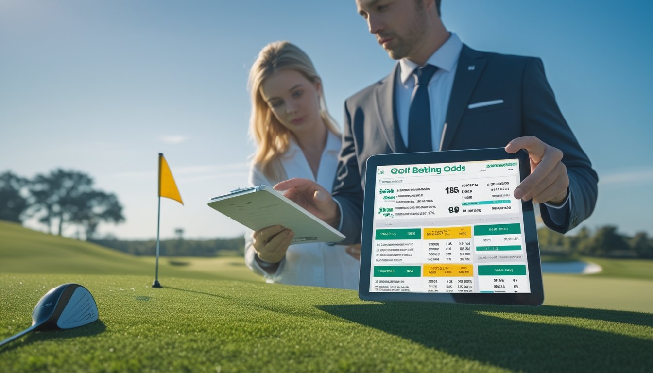 Seorang pria dan wanita berdiri di lapangan golf sambil melihat tablet digital yang menampilkan data taruhan golf.