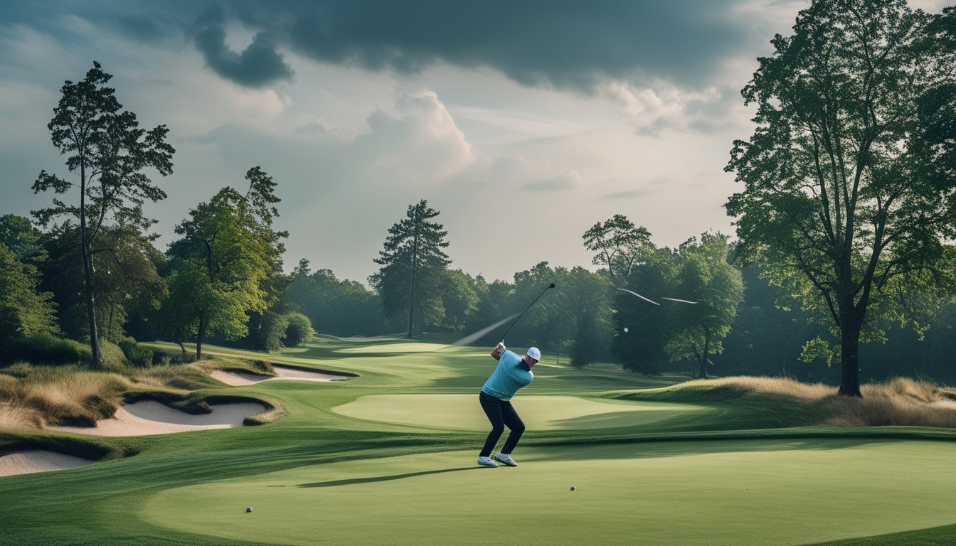 Seorang pegolf sedang mengayunkan tongkat golf di lapangan golf dengan pohon yang bergoyang dan bendera berkibar di bawah langit berawan.