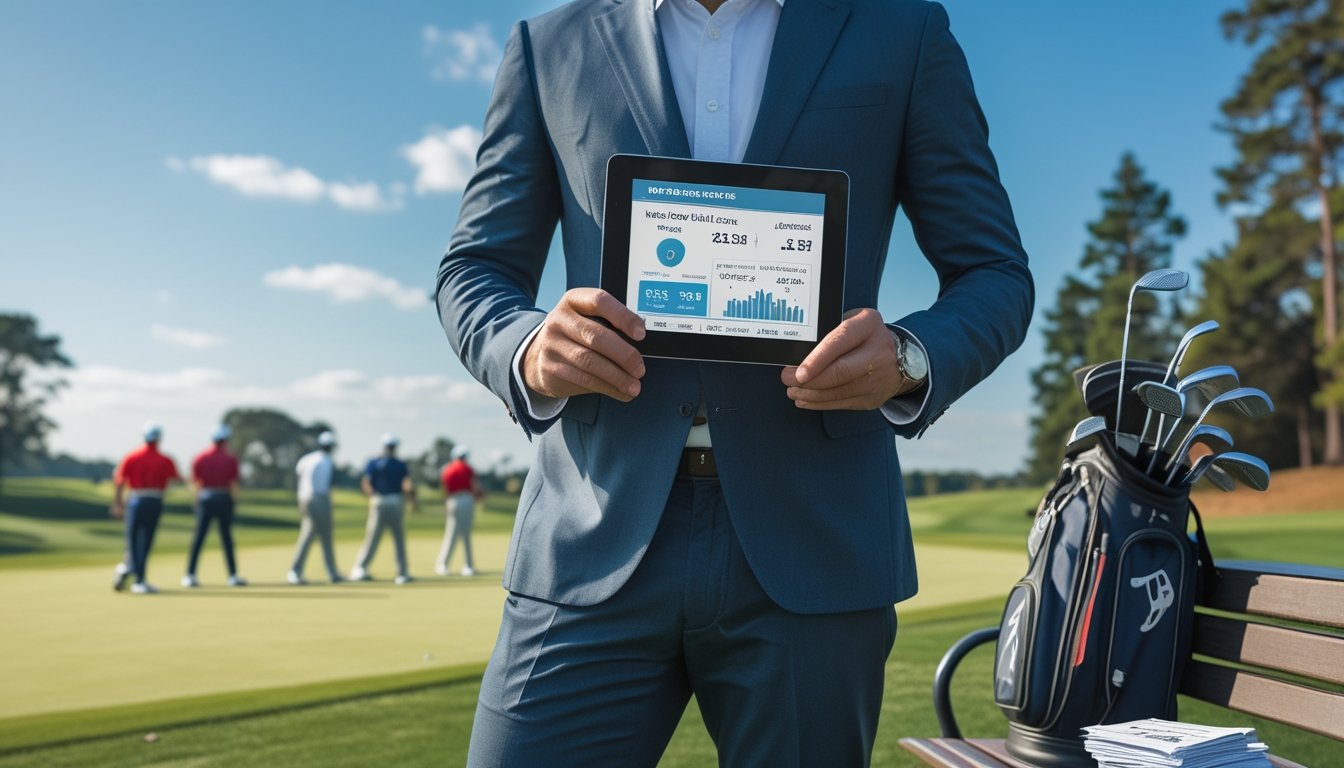 Seorang pria berdiri di lapangan golf dengan tablet yang menampilkan data taruhan, di latar belakang terdapat pemain golf yang sedang bermain.