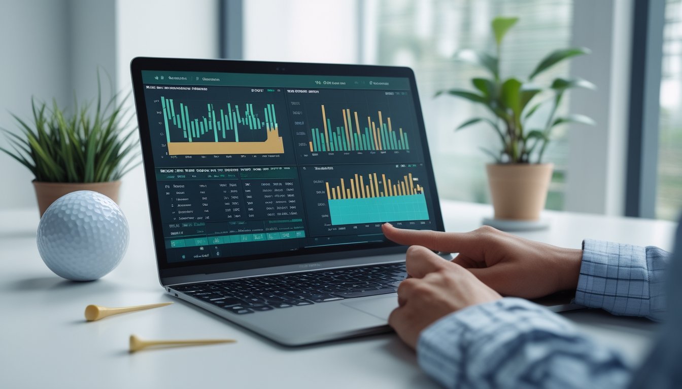 Meja kerja dengan laptop yang menampilkan statistik pegolf profesional, bola golf, dan tangan yang menunjuk layar untuk analisis taruhan golf.