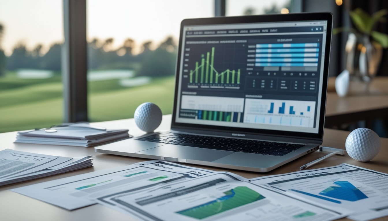 Meja kerja dengan laptop yang menampilkan statistik golf, kertas data, bola golf, dan pemandangan lapangan golf di latar belakang.