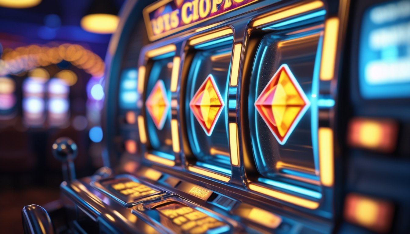 Mesin slot dengan tiga simbol berlian berjejer, menandakan kemenangan besar di kasino.