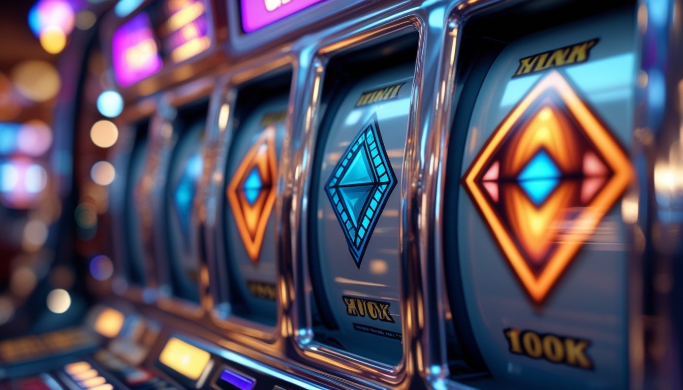 Mesin slot Triple Diamond dengan simbol berlian tiga bertumpuk yang menunjukkan jackpot di kasino.