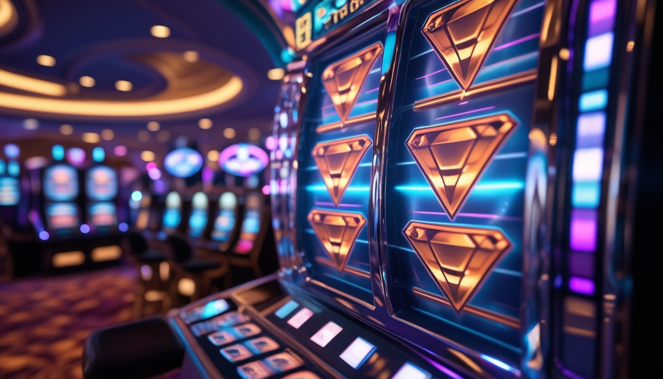 Gambar mesin slot dengan simbol Triple Diamond yang menyala di kasino dengan suasana ramai di latar belakang.