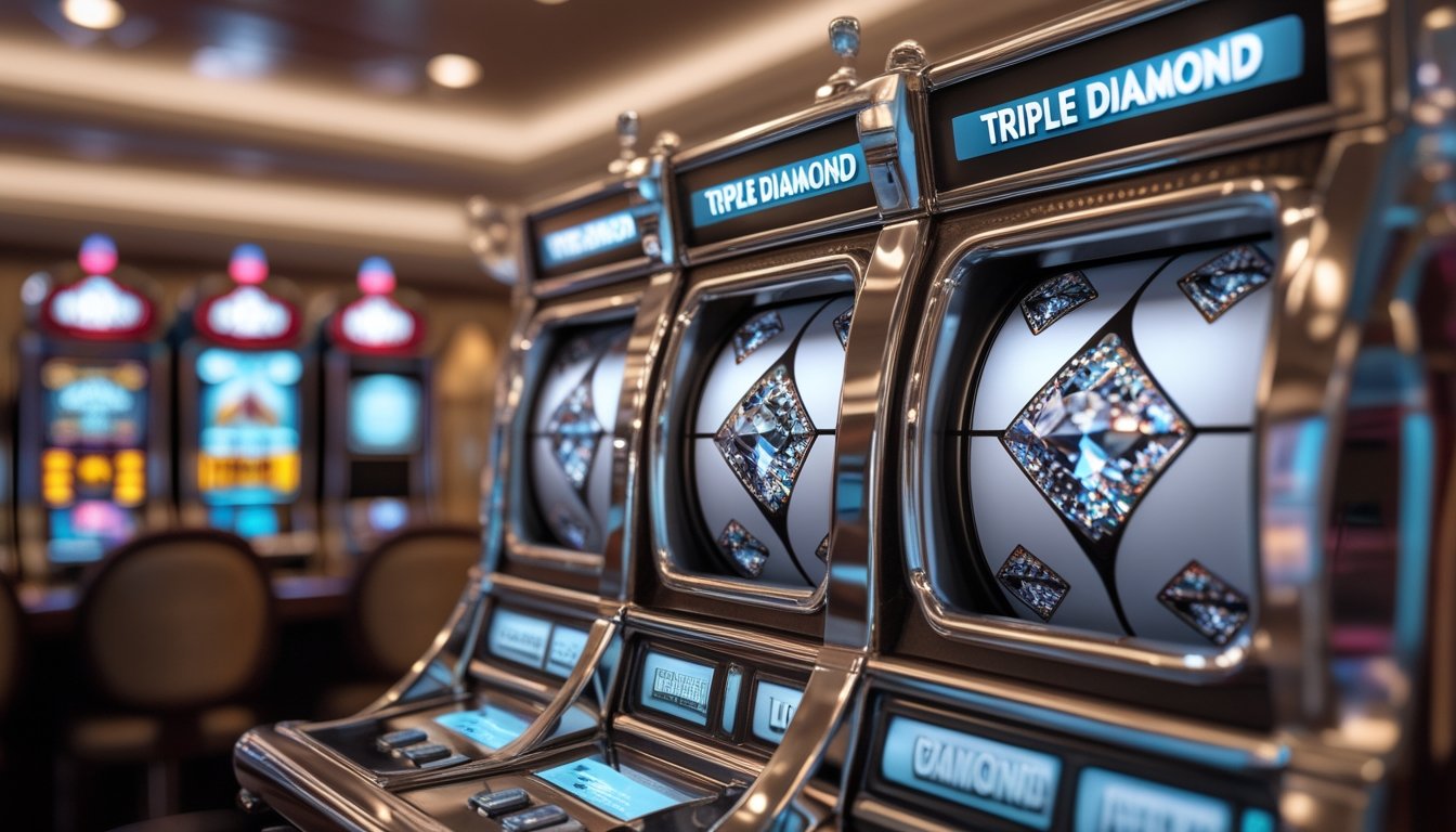 Gambar close-up mesin slot Triple Diamond dengan tiga gulungan yang menampilkan simbol berlian di kasino.