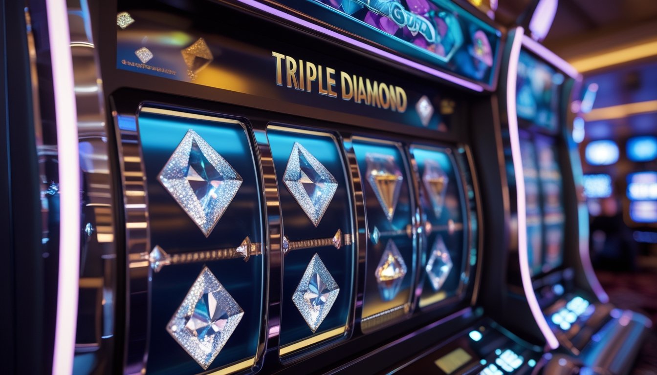 Mesin slot Triple Diamond dengan simbol berlian yang bersinar di kasino yang ramai.