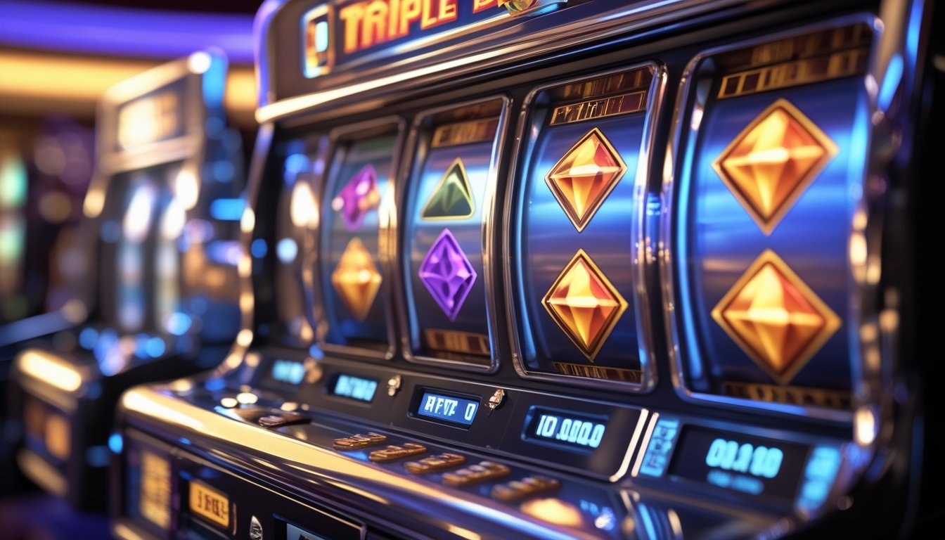 Mesin slot kasino dengan simbol berlian tiga bertumpuk yang terlihat jelas di gulungan, di latar belakang suasana kasino yang hangat dan terang.