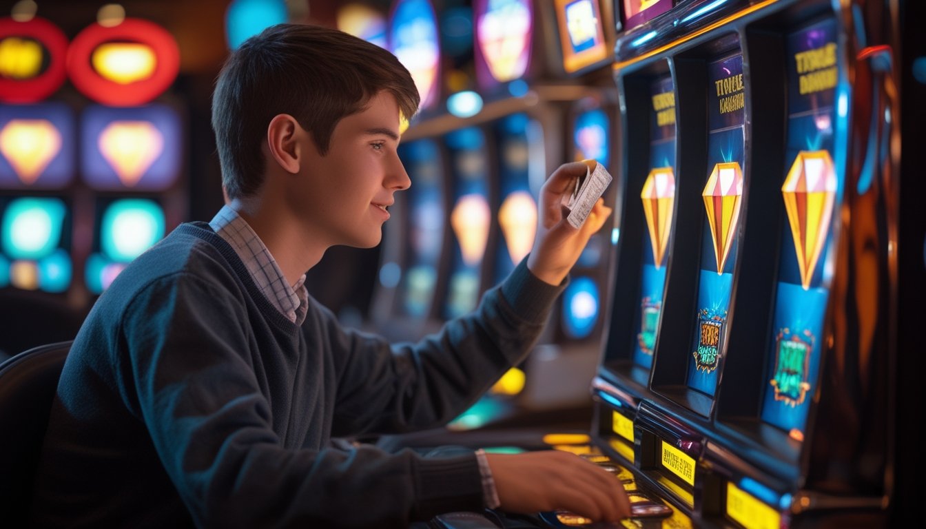 Seorang pemain pemula sedang bermain mesin slot Triple Diamond dengan modal kecil di kasino.