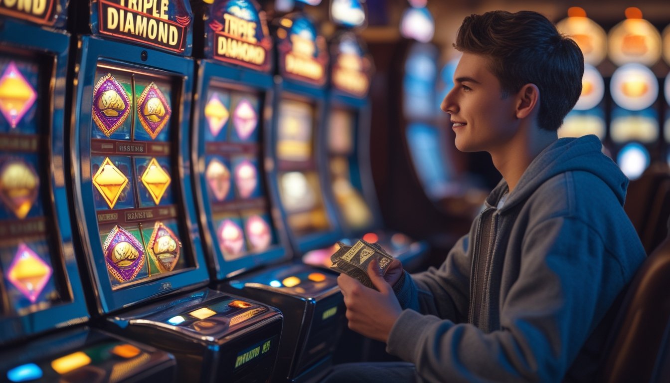 Seorang pemain pemula duduk di depan mesin slot Triple Diamond dengan ekspresi fokus dan antusias di dalam kasino.