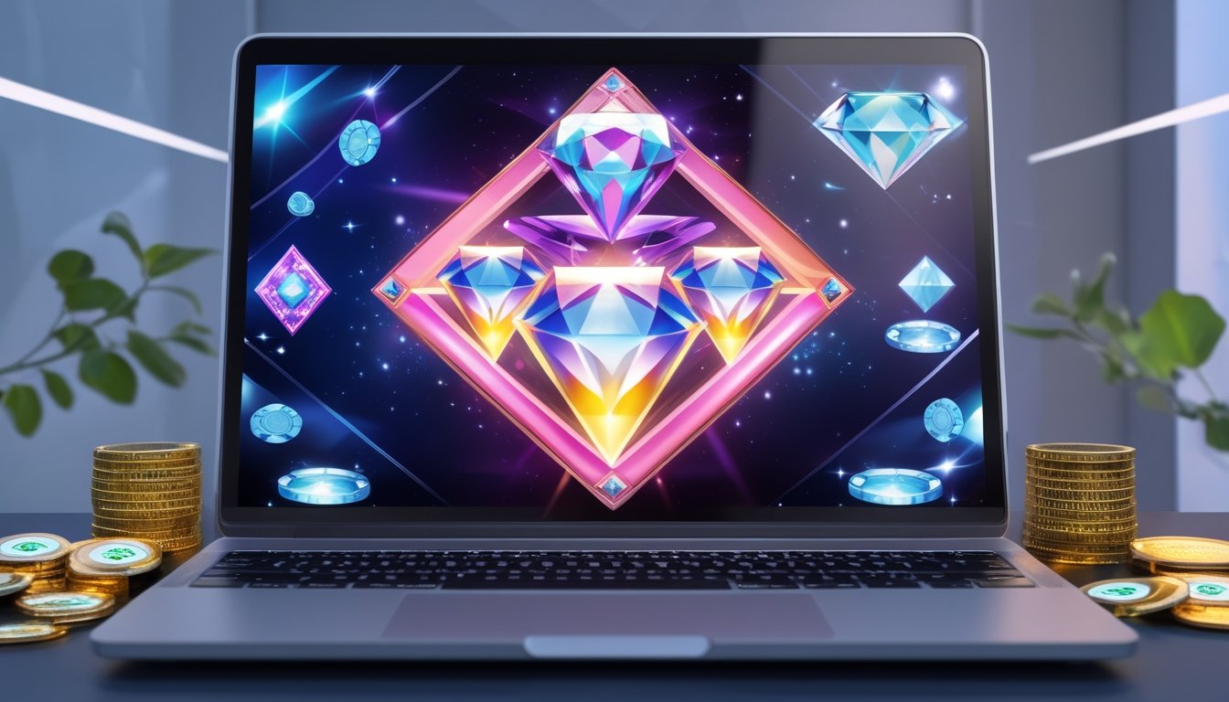 Layar komputer menampilkan permainan slot Triple Diamond dengan koin emas dan chip poker di sekitarnya.