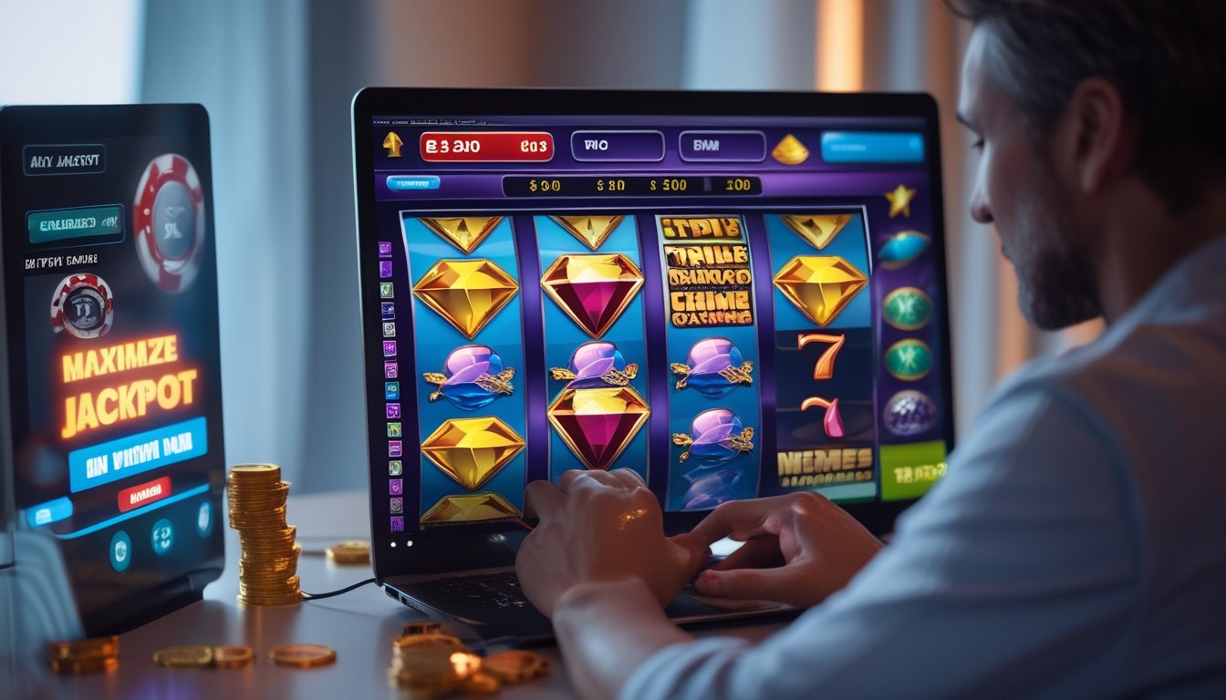 Seorang pemain dewasa sedang fokus bermain mesin slot Triple Diamond di layar komputer dengan latar belakang ruangan yang nyaman.