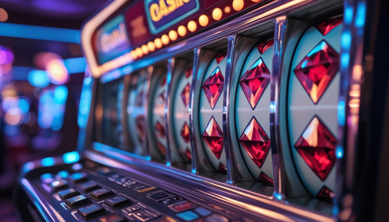 Gambar close-up mesin slot Triple Diamond dengan lampu berwarna cerah di latar kasino yang samar.