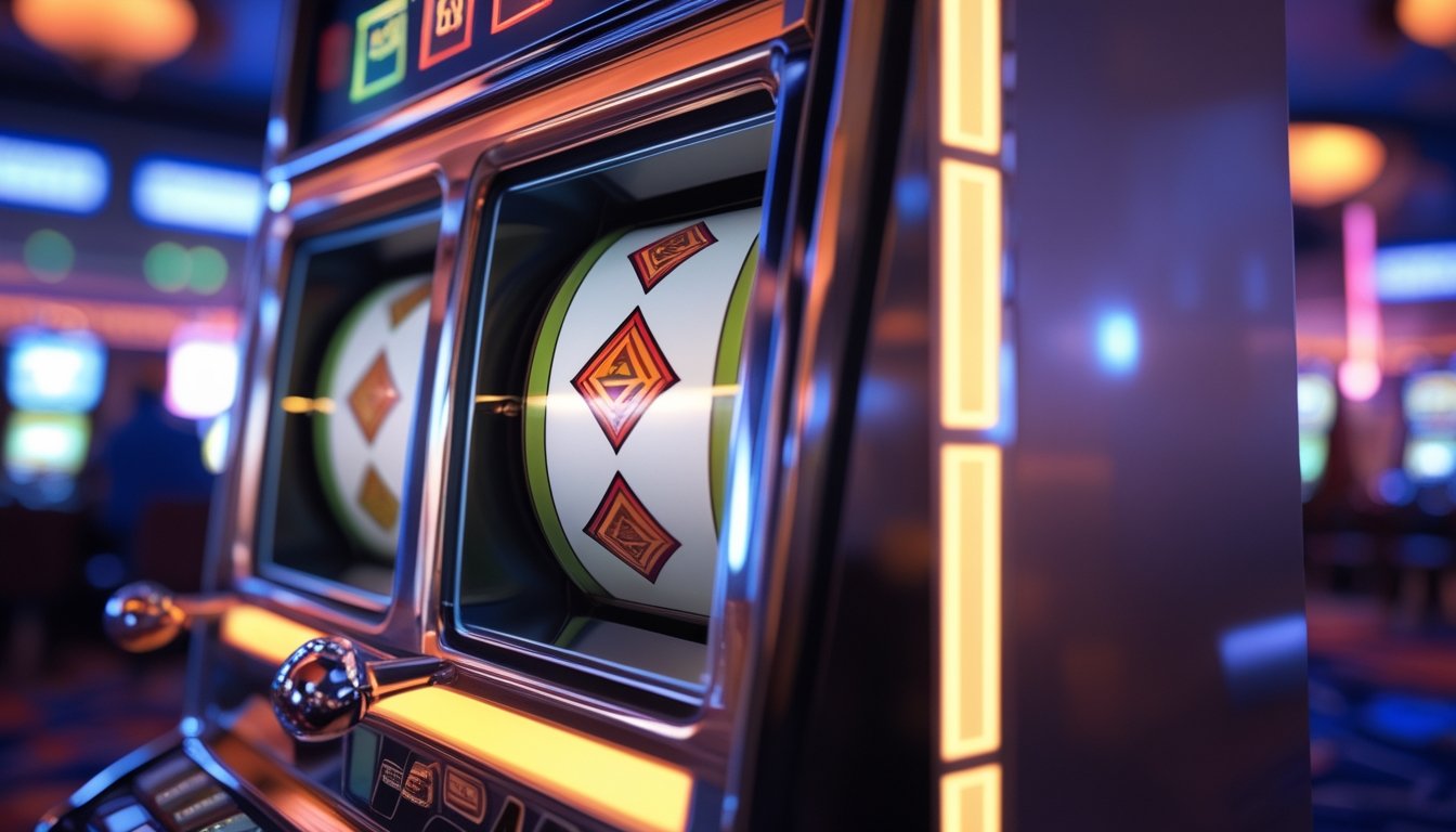 Foto close-up mesin slot dengan tiga gulungan yang menampilkan simbol Triple Diamond di dalam kasino.