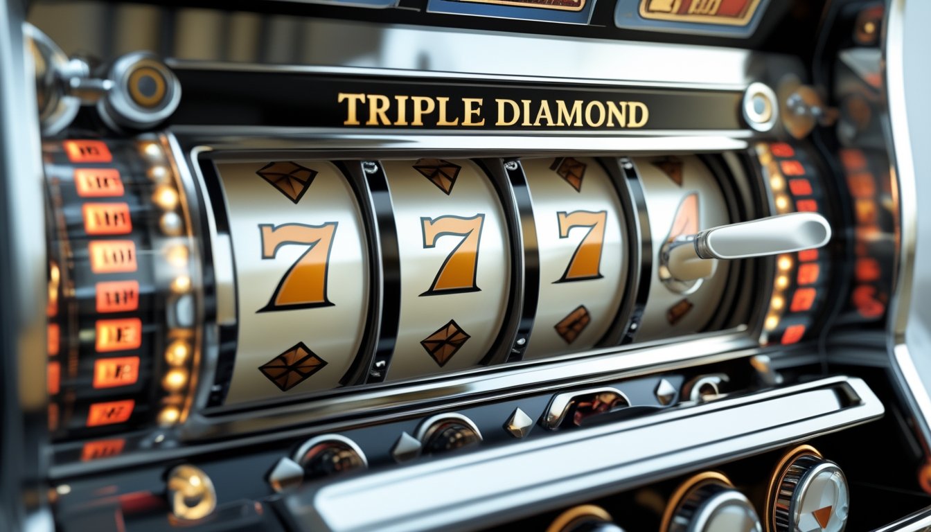 Bagian dalam mesin slot Triple Diamond dengan tiga gulungan yang menampilkan simbol berlian, bar, dan tujuh, serta mekanisme roda dan gigi yang terlihat jelas.