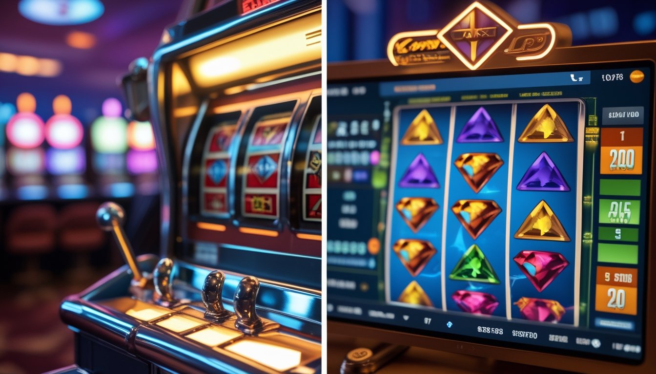 Foto yang menunjukkan perbedaan antara mesin slot Triple Diamond klasik di kasino dan versi slot Triple Diamond yang dimainkan secara online di perangkat digital.