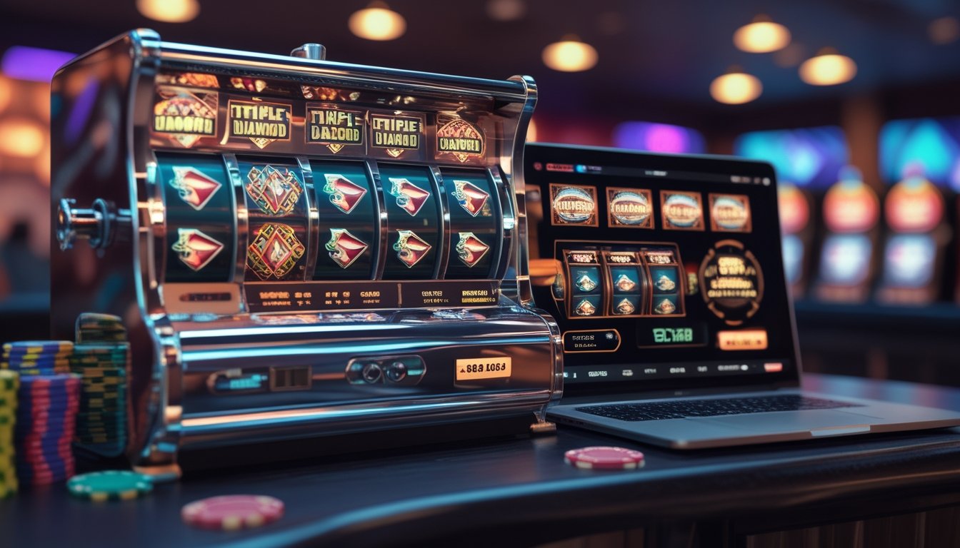 Perbandingan mesin slot Triple Diamond klasik dengan mesin slot versi online yang ditampilkan di layar laptop.