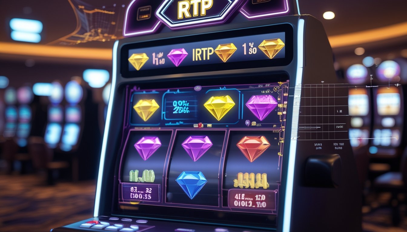 Mesin slot Triple Diamond di kasino modern dengan simbol berlian dan grafik data di latar belakang.