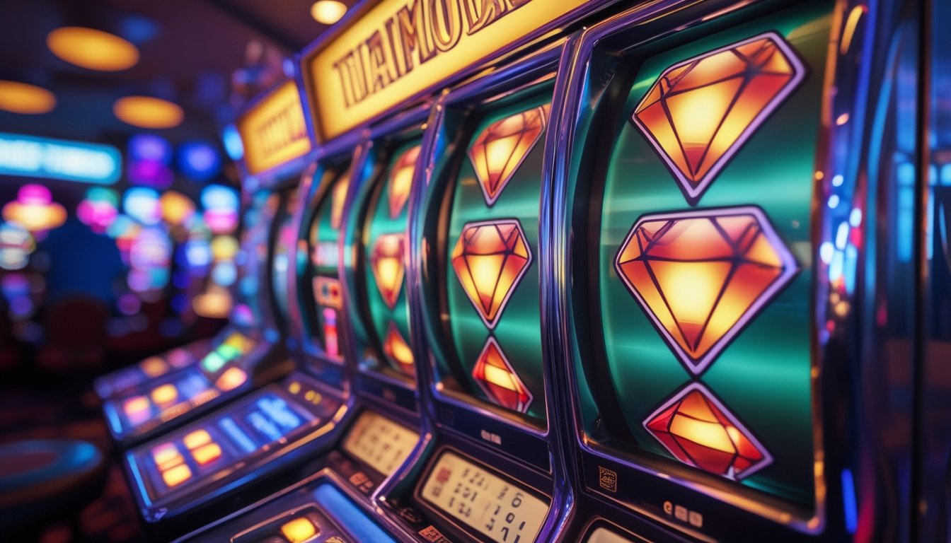 Mesin slot klasik Triple Diamond yang menyala dengan latar belakang kasino yang samar.