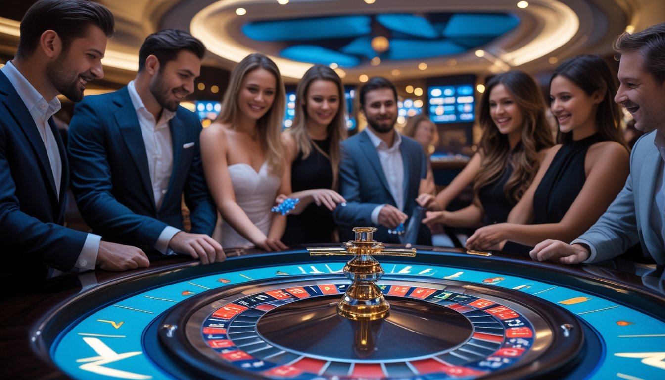 Beberapa orang bermain roulette di kasino dengan roda roulette yang menyala dan dealer yang sedang mengelola permainan.