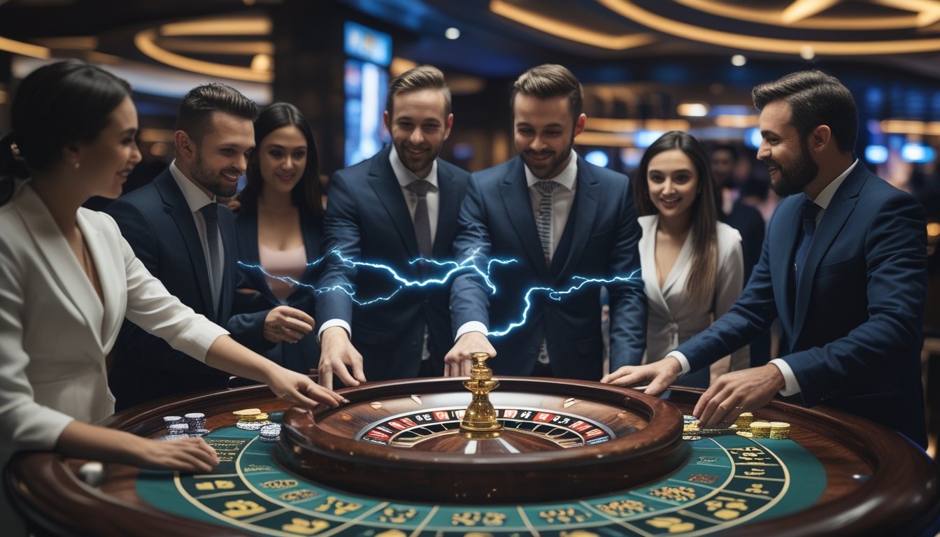 Meja roulette dengan pemain yang sedang memasang taruhan di kasino yang elegan dengan lampu latar dan suasana yang hidup.