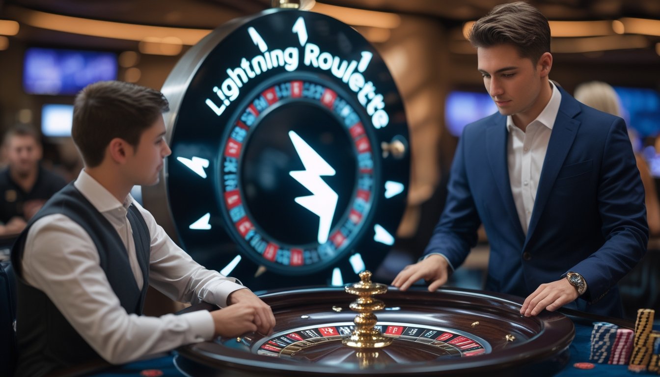 Seorang pemain muda berpakaian rapi sedang memperhatikan roda roulette di meja Lightning Roulette di dalam kasino yang elegan.