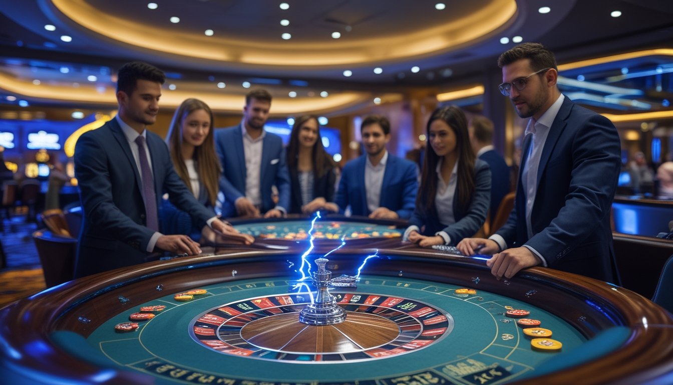 Meja roulette dengan roda berputar dan petir yang menyala, dikelilingi oleh pemain yang fokus dan antusias di dalam kasino.