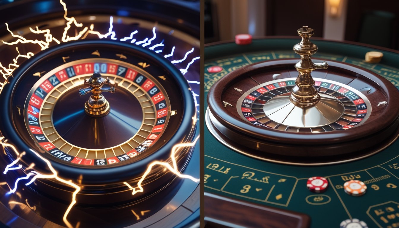 Dua roda roulette di meja kasino, satu dengan efek petir dan satu lagi roda roulette klasik, di dalam ruangan kasino yang elegan.