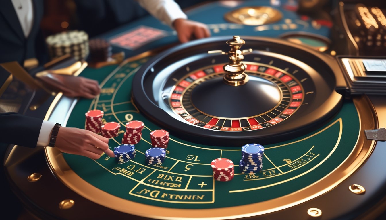 Meja roulette dengan roda roulette dan efek petir di latar belakang di dalam kasino.
