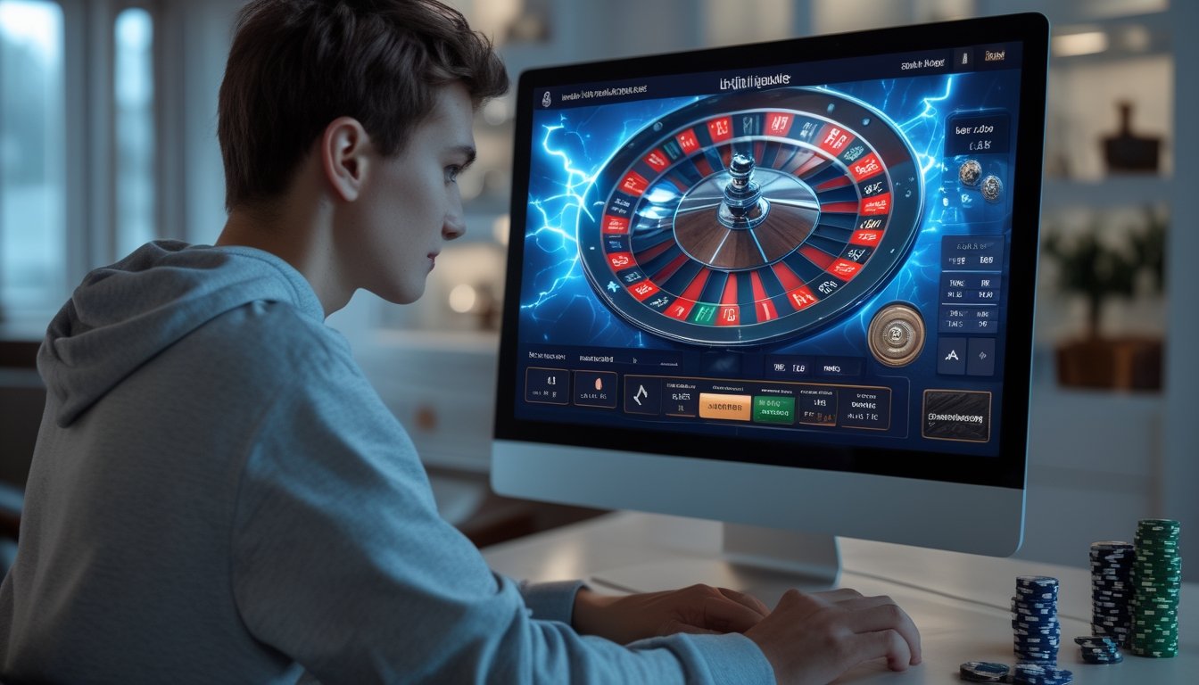 Seorang pemula bermain Lightning Roulette online di depan komputer dengan suasana rumah yang nyaman.