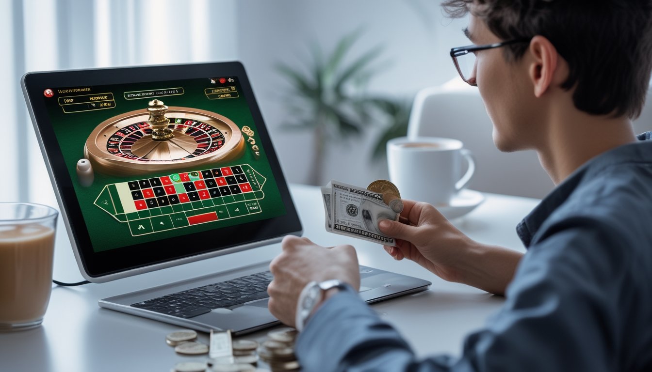 Seseorang sedang bermain Lightning Roulette online di laptop dengan suasana rumah yang nyaman.