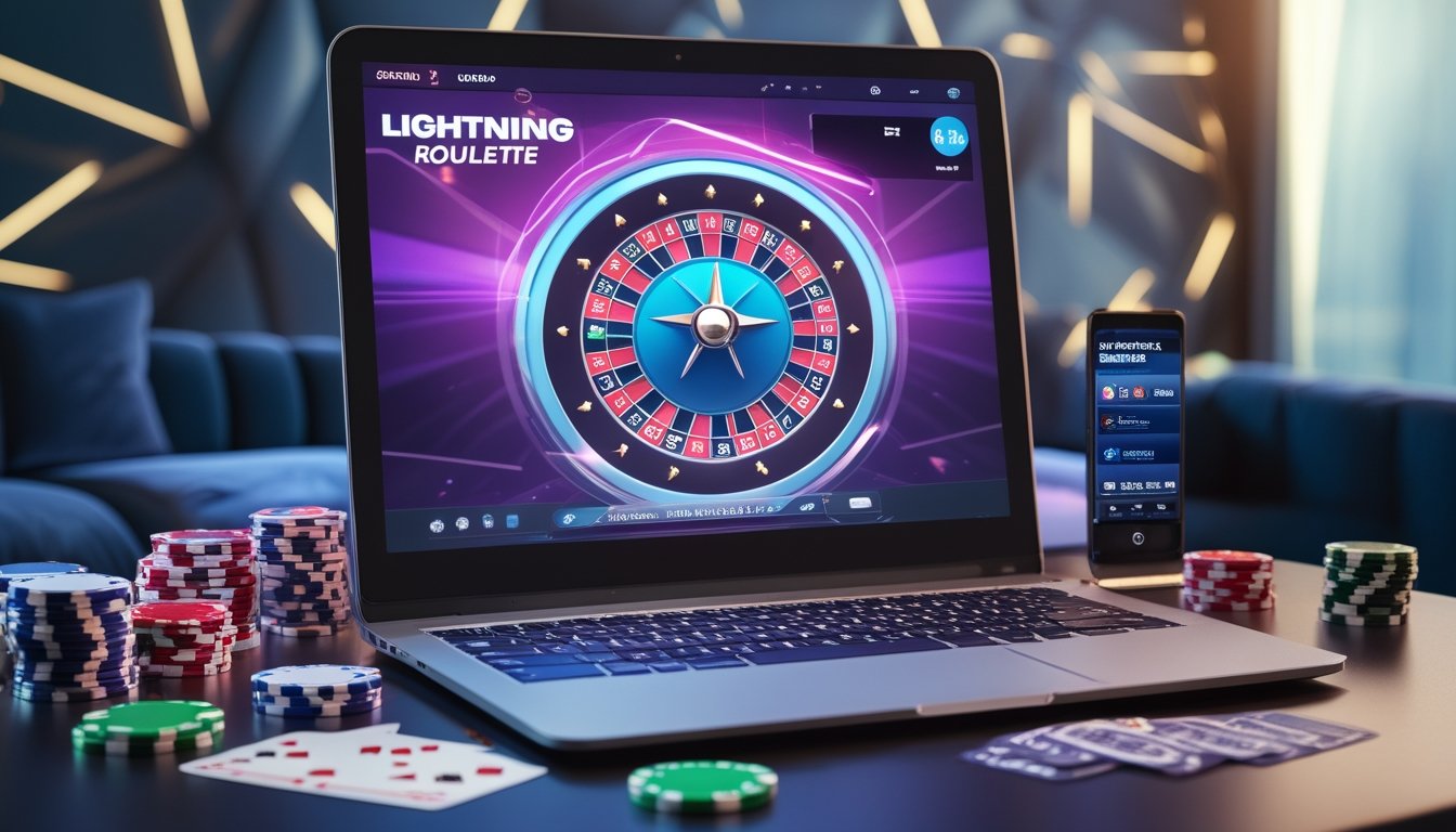Seorang pemain sedang menggunakan komputer dengan permainan Lightning Roulette terlihat di layar, dikelilingi oleh chip poker dan kartu remi.